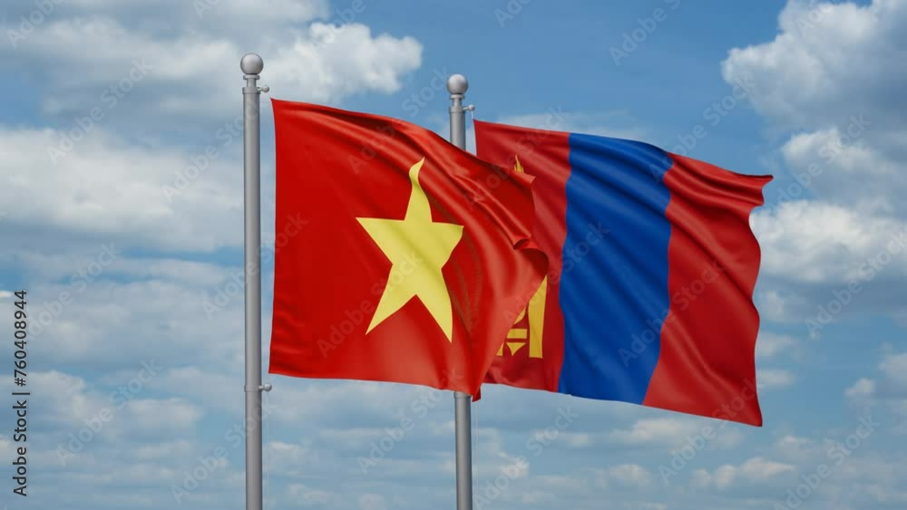 Mongolia and Vietnam two flags waving together, looped video, two country cooperation concept Mongolia and Vietnam two flags waving together, looped video, two country cooperation concept