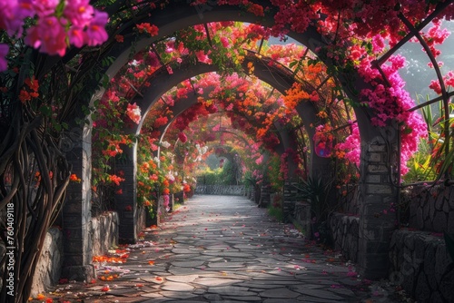 Footpath under a beautiful arch of flowers and plants.
