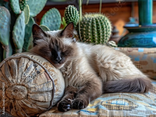 Balinese cat in sweater weather sand dollar cactus against barometric pressure changes
