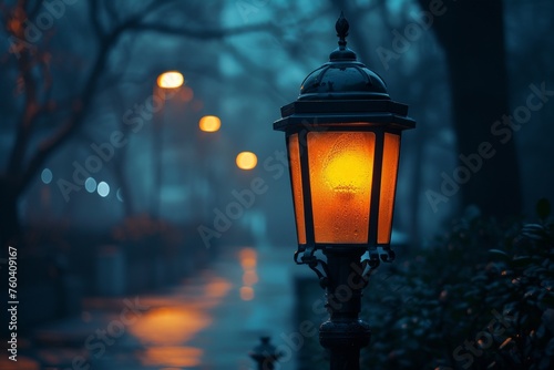 Close up view of a retro srteet lantern in the evening 
 photo