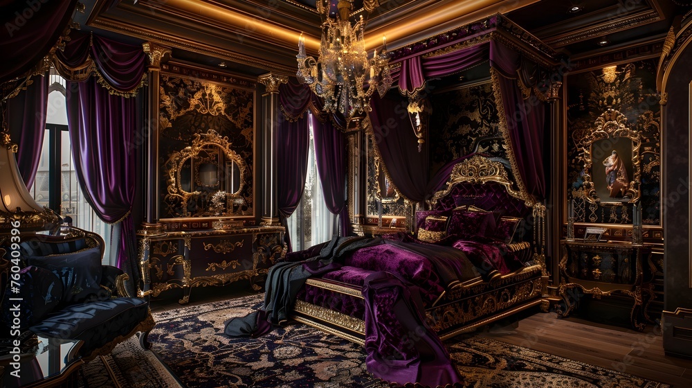 Exquisite Luxury: A Regal Boudoir Adorned in Opulent Splendor and Gold-Leaf Elegance
