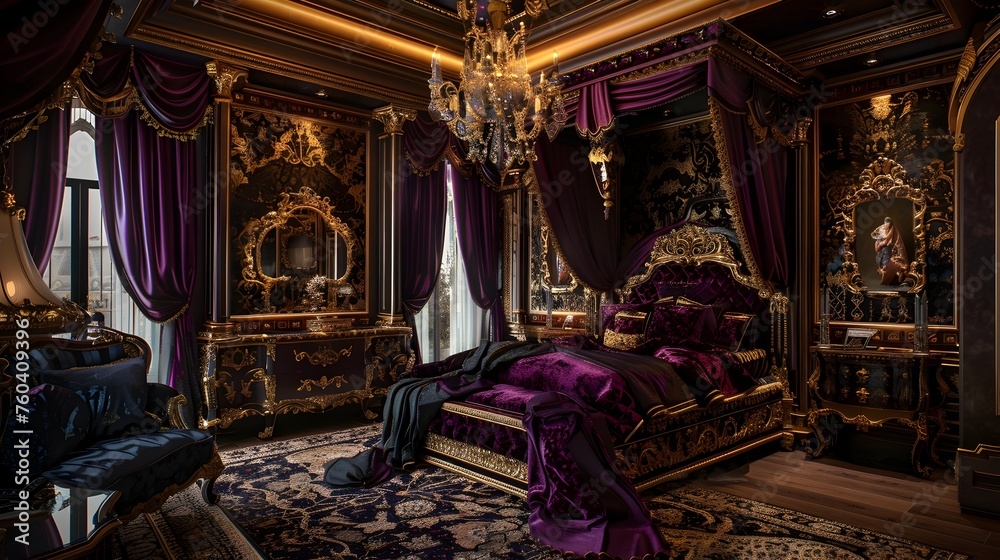 Fototapeta premium Exquisite Luxury: A Regal Boudoir Adorned in Opulent Splendor and Gold-Leaf Elegance