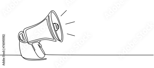 Public horn speaker in One continuous line drawing. Megaphone announce symbol of marketing promotion in simple linear style. Business concept for attention and job offer. Doodle vector illustration