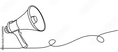 Public horn speaker in One continuous line drawing. Megaphone announce symbol of marketing promotion in simple linear style. Business concept for attention and job offer. Doodle vector illustration