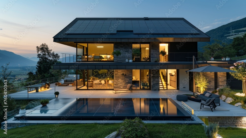 Modern villa not naturally hung with solar panels - obrazy, fototapety, plakaty 