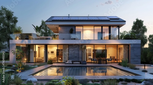 Modern villa not naturally hung with solar panels photo