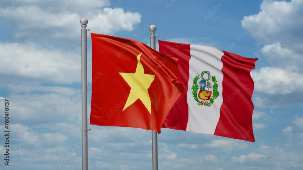 Peru and Vietnam two flags waving together, looped video, two country cooperation concept Peru and Vietnam two flags waving together, looped video, two country cooperation concept