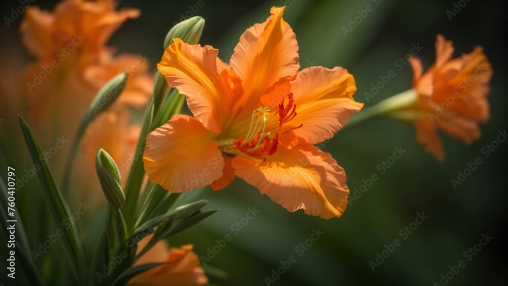 Close-Up Macro View of Orange Gladiolus Flowers Capture Sunlight View and Ethereal Blurry Background Close-Up Macro View of Orange Gladiolus Flowers Capture Sunlight View and Ethereal Blurry Background