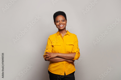 Perfect successful woman smiling and having fun against studio wall banner background