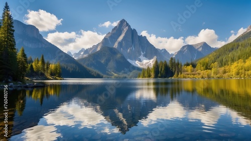 beautiful mountains scene with clear sky and river