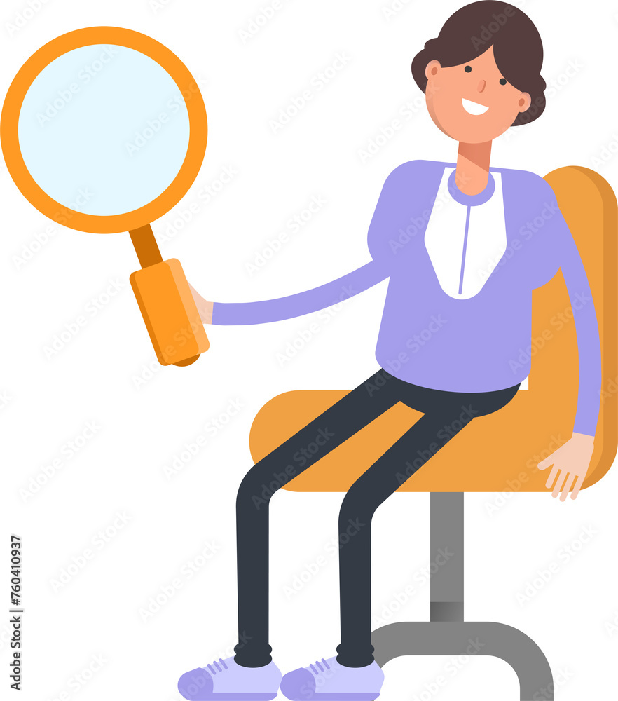 Woman Character Sitting and Holding Magnifier

