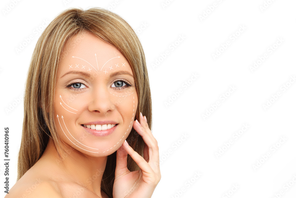 Isolated fashion model face close up. Medicine, facial treatment, massage and plastic surgery concept Isolated fashion model face close up. Medicine, facial treatment, massage and plastic surgery concept