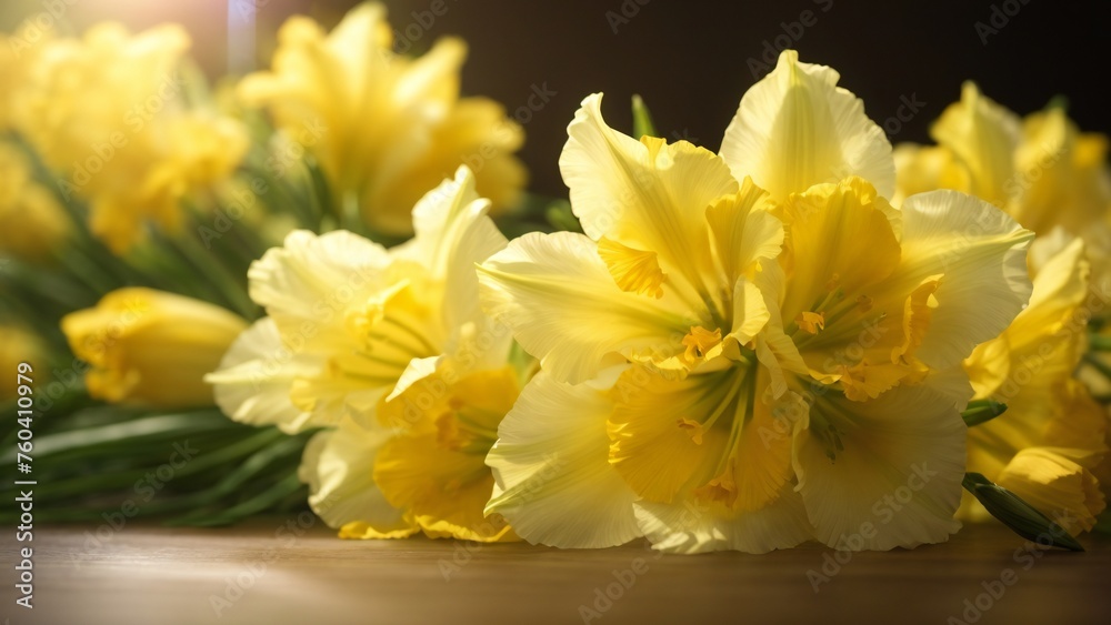 Close-Up Macro View of Yellow Gladiolus Flowers Capture with Sunlight and Ethereal Blur Background