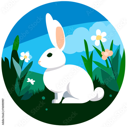 A brown bunny sits on a meadow, looking curiously at the camera.