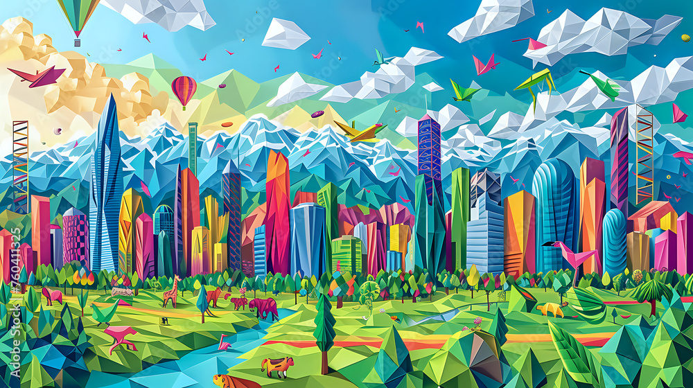 Obraz premium Paper Panorama: Origami's Urban Escape.