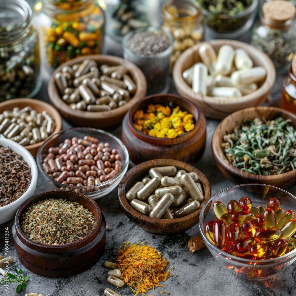 An array of herbal supplements and natural remedies representing holistic health approaches