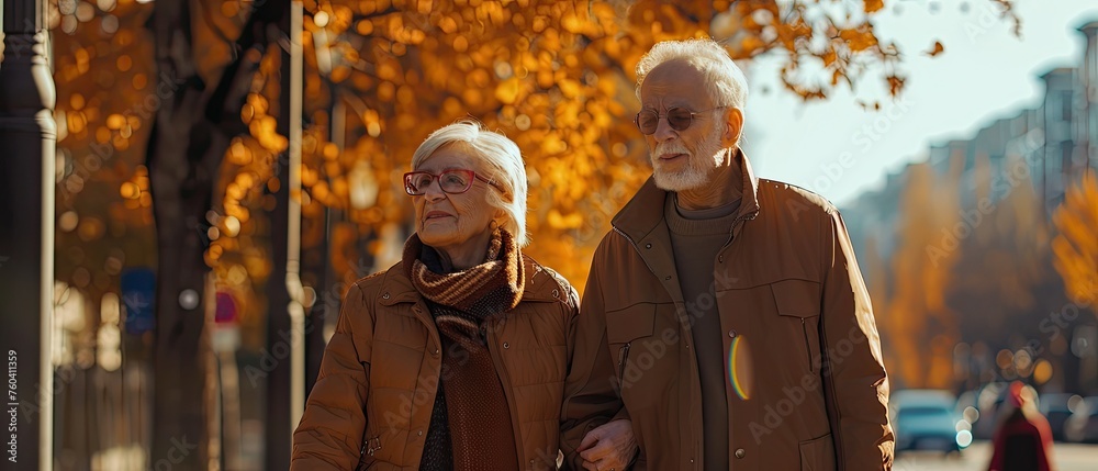 An elderly couple taking a leisurely walk emphasizing the importance of physical activity in aging well