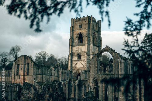 Captivating scenery surrounding Fountains Abbey in Yorkshire. Verdant landscapes