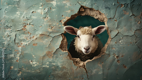 sheep coming out of the cracked hole in the wall