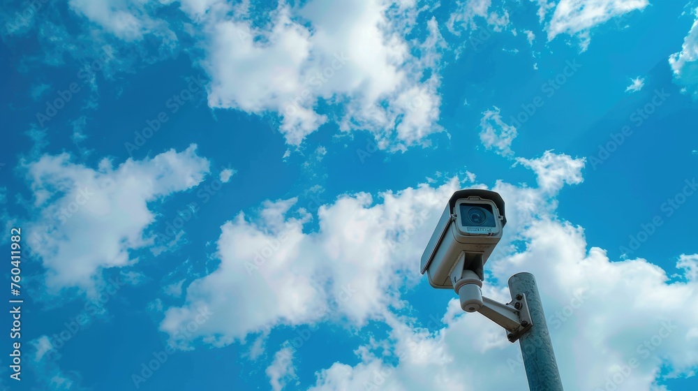 Outdoor surveillance camera on a pole with a clear blue sky and scattered clouds in the background, highlighting security measures.
