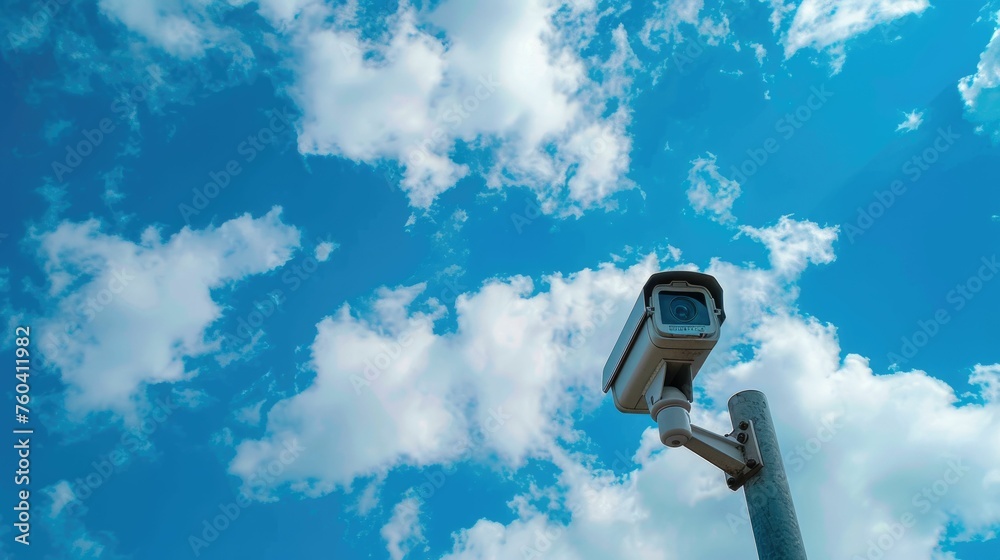 Outdoor surveillance camera on a pole with a clear blue sky and scattered clouds in the background, highlighting security measures.
Outdoor surveillance camera on a pole with a clear blue sky and scattered clouds in the background, highlighting security measures.