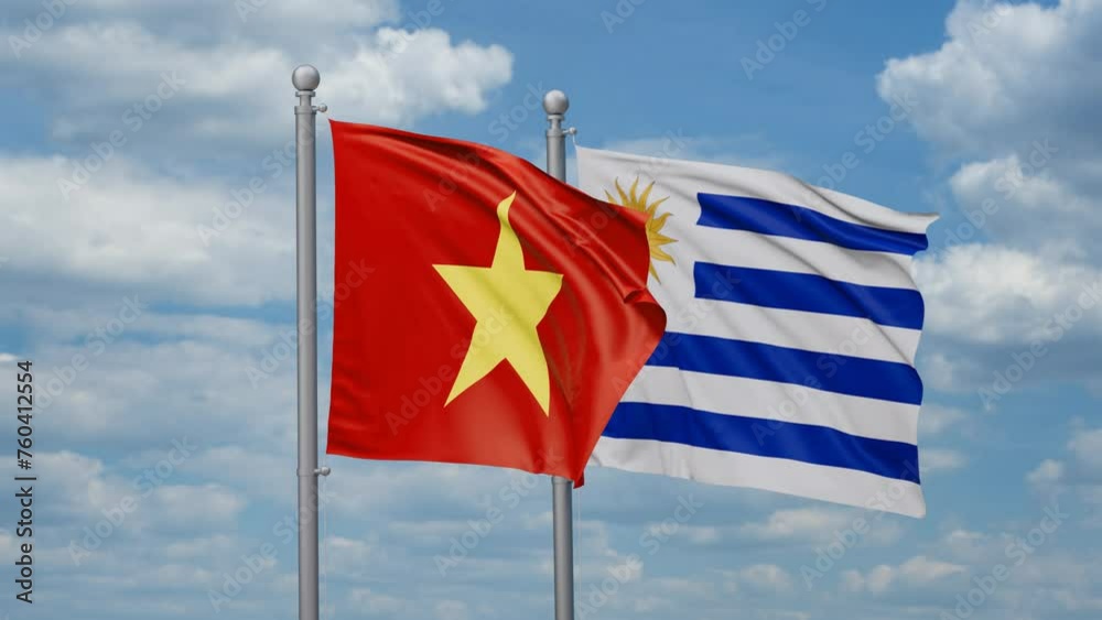 Uruguay and Vietnam two flags waving together, looped video, two country cooperation concept