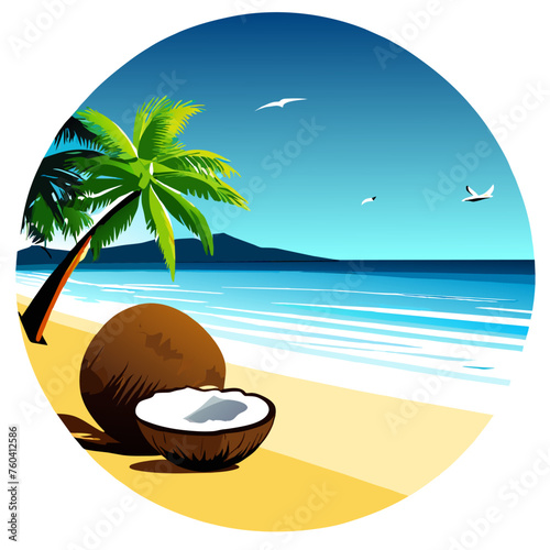 Coconut lies on the wooden tables in the nature.