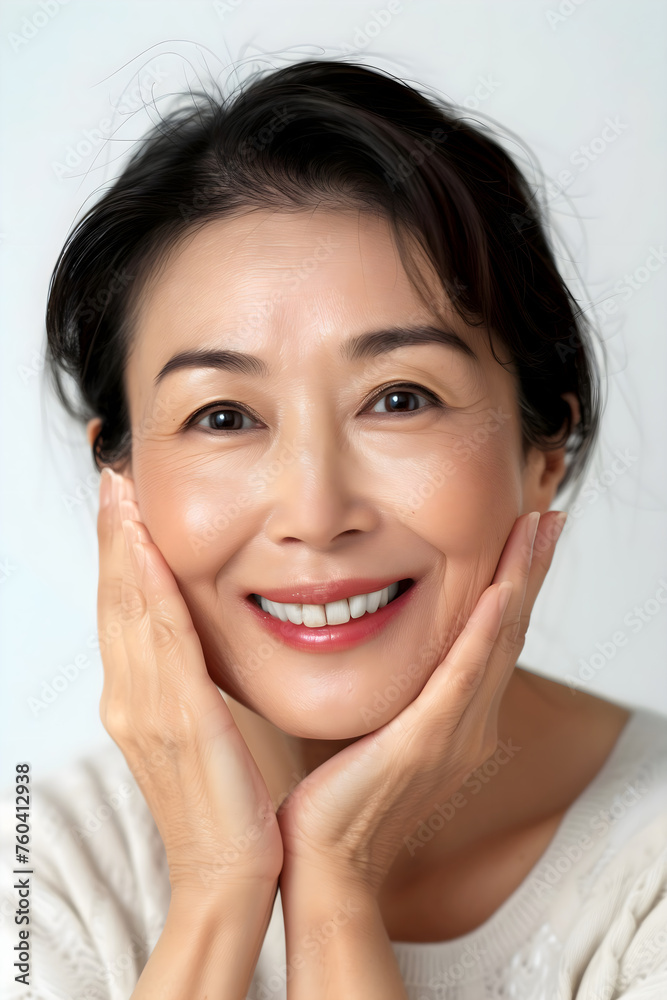 Portrait of beautiful mature Asian woman model smiling, beauty and makeup concept, isolated on white background, healthy aging, 50 year old Portrait of beautiful mature Asian woman model smiling, beauty and makeup concept, isolated on white background, healthy aging, 50 year old