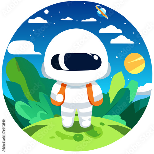 A cute astronaut stands in a field of green grass, surrounded by colorful flowers.