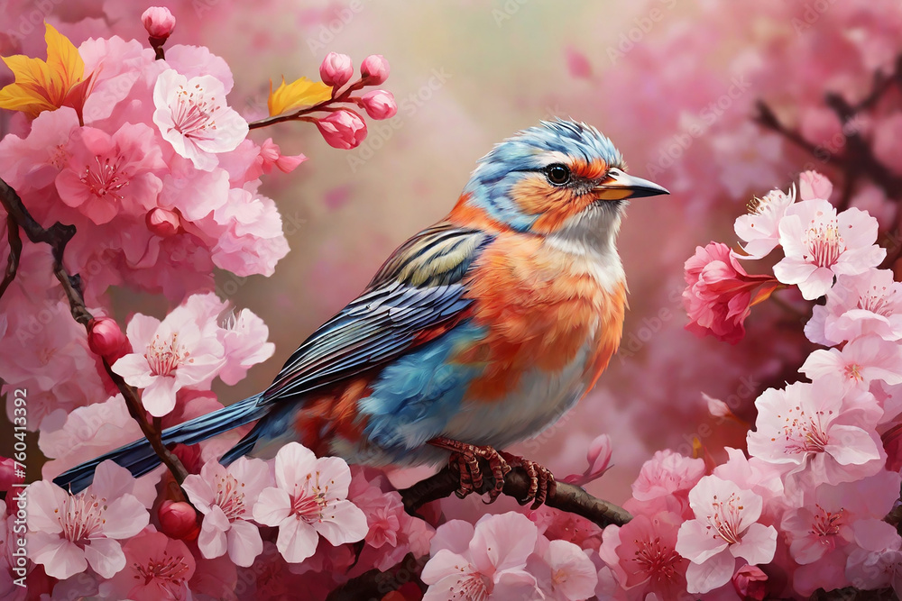 Beautiful bird and sakura blossom. Spring nature background.