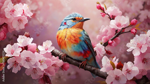 Beautiful colorful bird on a branch of sakura. Spring background