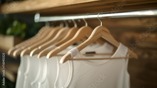 White Hangers on the wooden rack. Minimal concept. generative ai 