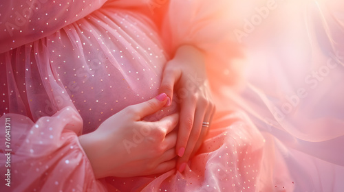 A pregnant woman in a petal pink dress is gently caressing her belly with her thumbs. Her outfit is accessorized with magenta fur, showcasing a fashionforward gesture