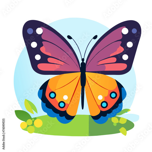 A cute butterfly with vibrant colors rests on a delicate flower in nature. © Myartsam Design