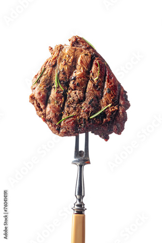 Grilled beef steak with rosemary isolated on a white background.