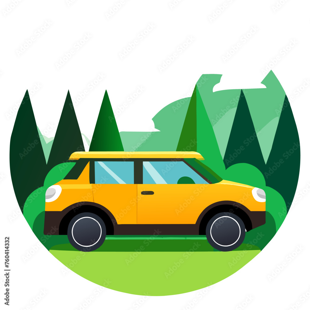 A cute red car parked amidst lush greenery, creating a picturesque sight. A cute red car parked amidst lush greenery, creating a picturesque sight.