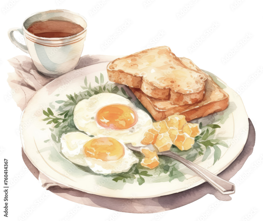 Watercolor breakfast plate with eggs and toast Watercolor breakfast plate with eggs and toast