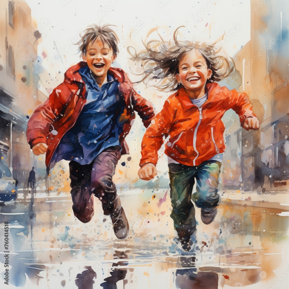Kids jumping in puddles, rainy day, splashes of color, dynamic angle, carefree laughterwater color, drawing, vibrant color, cute Kids jumping in puddles, rainy day, splashes of color, dynamic angle, carefree laughterwater color, drawing, vibrant color, cute