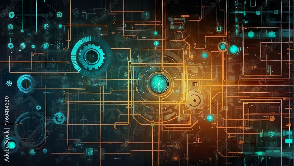 Using several elements, a three-dimensional vector image of an abstract technological background including a printed illuminated circuit board is created. components of science fiction technology.HUD 