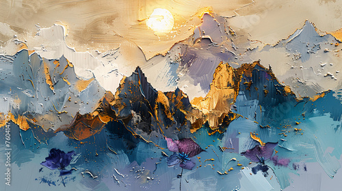 Decorative painting, oil painting texture, ink wash, watercolor, three-dimensional sense, scenery, peaks, cliffs, sun ::2 Artistic conception, Light tone, abstract art, rich colors and details