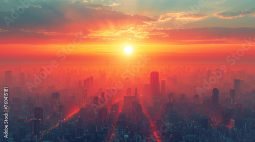 Sun Setting Behind Skyscrapers In Misty Cityscape