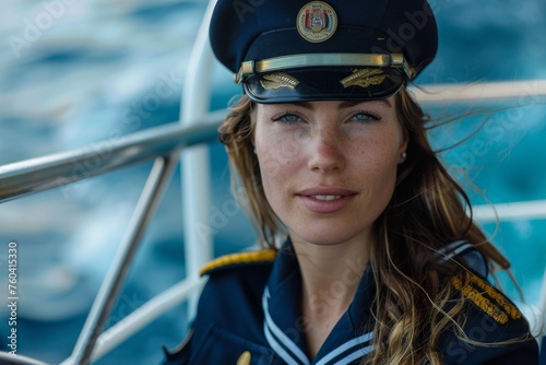 Confident female naval captain at the helm on a ship at sea