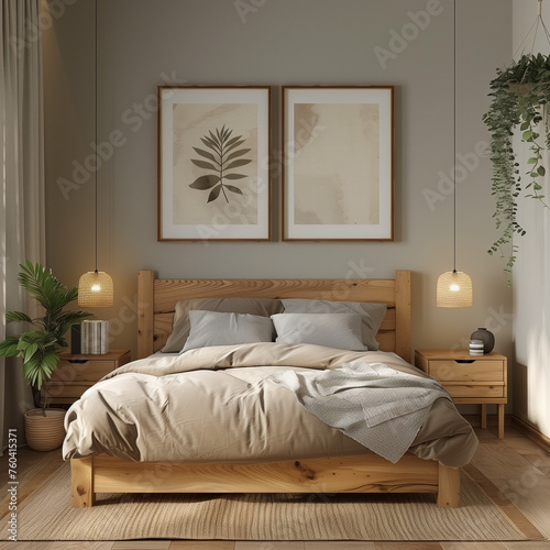 Modern Bedroom with Natural Wood Bed in Cozy and Warm Scandinavian Interior Design feel comfortable and relaxing 