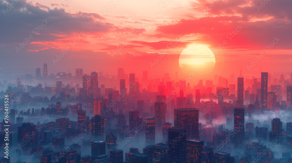 Fototapeta premium Sun Setting Behind Skyscrapers In Misty Cityscape