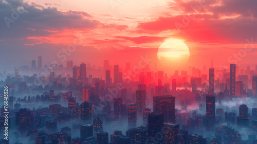Sun Setting Behind Skyscrapers In Misty Cityscape