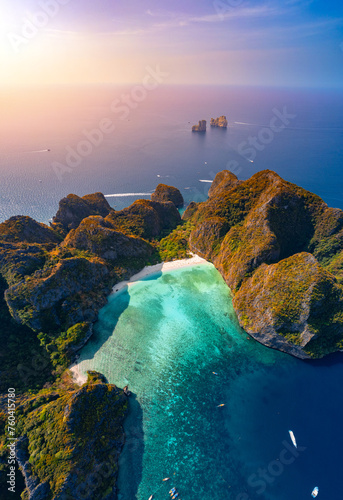 Fototapeta Naklejka Na Ścianę i Meble -  Aerial top view tropical island Phi Phi Leh with Maya Bay and Pileh Lagoon, Krabi province, Thailand