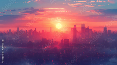 Radiant Dawn Lights Up Hazy Sky Over Cityscape