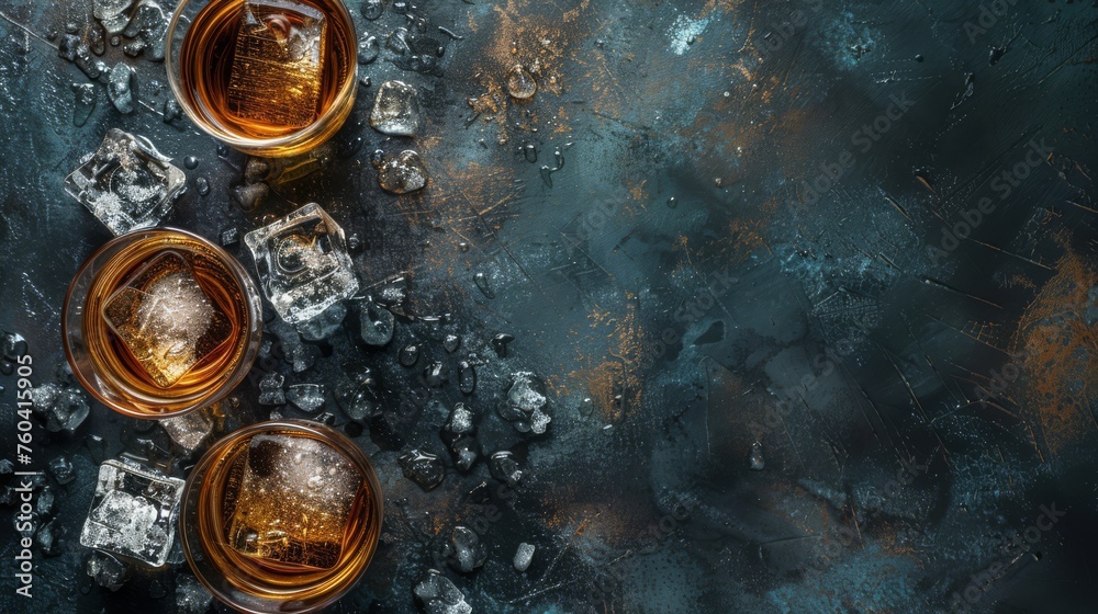 Two glasses of whiskey with ice on a textured dark blue surface with scattered ice cubes, highlighting a sophisticated and moody atmosphere, ideal for beverage and lifestyle themes. Two glasses of whiskey with ice on a textured dark blue surface with scattered ice cubes, highlighting a sophisticated and moody atmosphere, ideal for beverage and lifestyle themes.