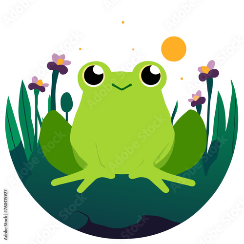 A charming green frog basks in the sun amidst verdant leaves.