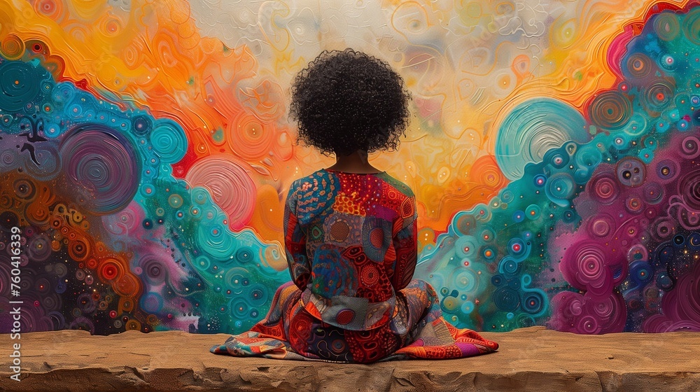 African American woman meditating in lotus pose on a colorful abstract background - obrazy, fototapety, plakaty 